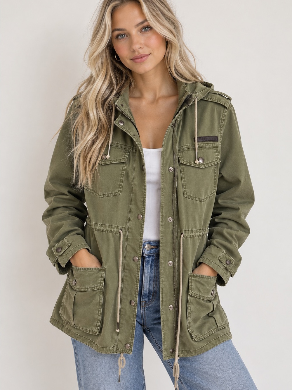 Triple 5 Soul Olive Green Utility Field Jacket Hooded Cotton Size L